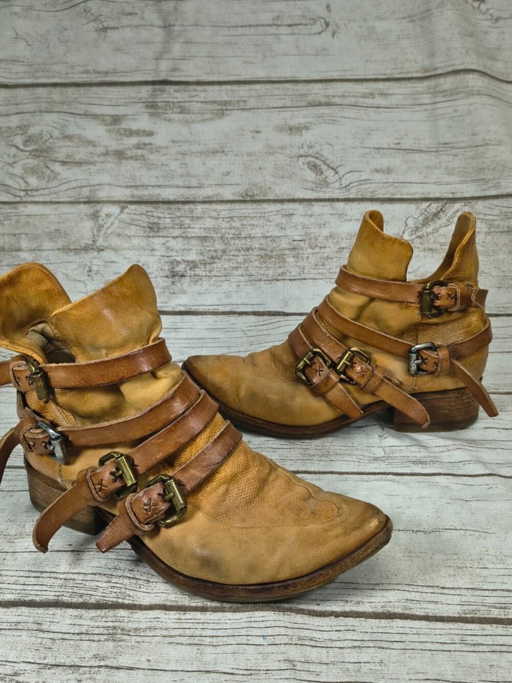 A.S.98 Italian Leather Multi Strap Buckle Ankle Boots Tan Camel Side Zip EU 37